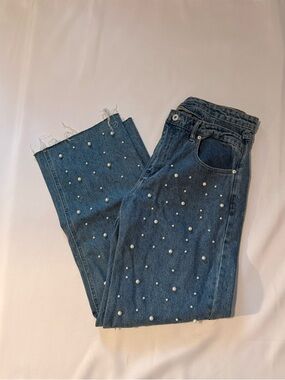 Women’s Pearl-Embellished Blue Denim Jeans